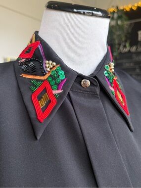 Vintage Yves St. Clair Black Embellished Collared shirt with Multicolor Beadwork